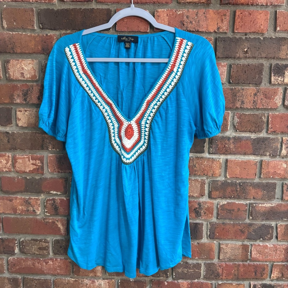 Melissa Paige womens crochet cap sleeve top blue PXL